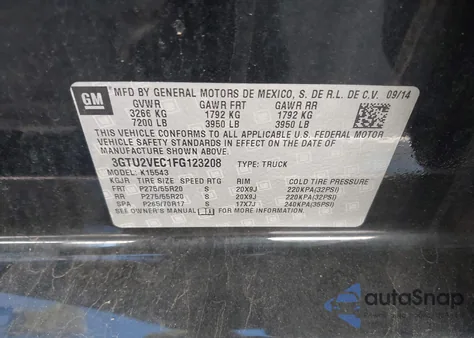 2015 GMC Sierra 1500 Slt from USA, damaged, VIN 3GTU2VEC1FG123208
